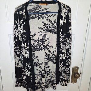BELLDINI Draped Open Front Cardigan Size L - Black Cream Floral Design